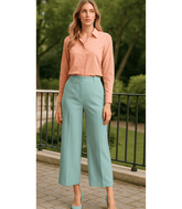Comprar conjunto feminino alfaiataria com colete e calça pantalona Verde Turquesa elegante para trabalho e reuniões em promoção ZARA